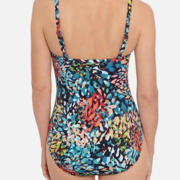 NWT! Swim Solutions Multi Color Surplice Slimming Printed One Piece Swimsuit NEW - Picture 3 of 4